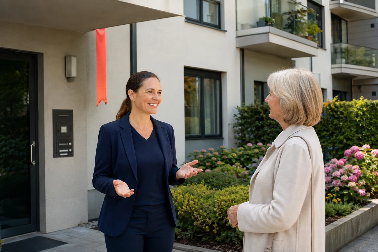 Symbolischer Gesprächseinstieg vor einem österreichischen Mehrfamilienhaus.